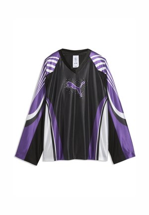 Langärmliges Sporttrikot mit schwarzen, violetten und weißen Einsätzen, V-Ausschnitt und einem violetten Puma-Logo in der Mitte, umgeben von weißen Punkten.
