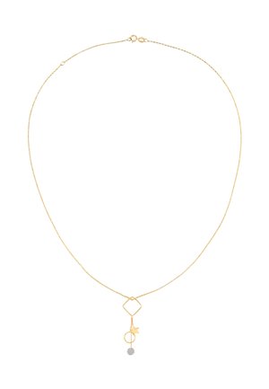 Gul kædedesign med en diamantform, stjerne, cirkel og tekstureret kugle vedhæng. Delikat design med skinnende finish.