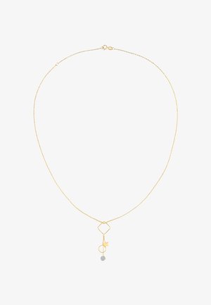 Kollane kettkaelus geliefert, millel on teemantkujuline, täht, ring ja tekstureeritud pärl ripats. Õrn disain sädelevast viimistlusest.