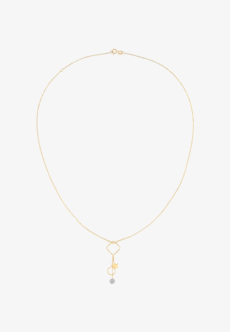 Gul kædedesign med en diamantform, stjerne, cirkel og tekstureret kugle vedhæng. Delikat design med skinnende finish.