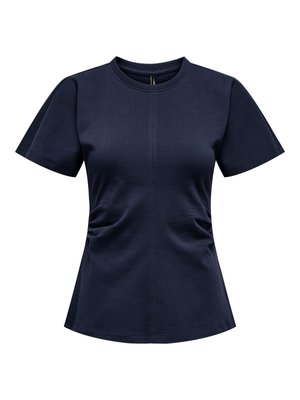 Marineblå kortærmet top lavet af bomuld med rund halsudskæring, sidesamlinger og en let udvidet kant for form.