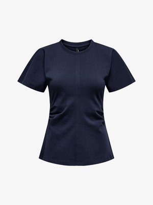 Kort mouwtop in marineblauw, gemaakt van katoen, met een ronde halslijn, plooidetails aan de zijkant en een licht uitlopende zoom voor vorm.