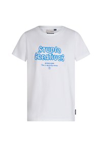 Biała bawełniana koszulka z krótkim rękawem, z niebieskim napisem "STUDIO CREATIVES" oraz "Retour Jeans" poniżej. Luźny krój.