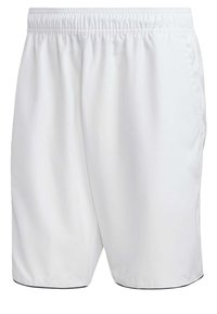 Vita elastiska midjebyxor med lös passform och subtila sidofickor, med en tunn, mörk trim längs fållen.