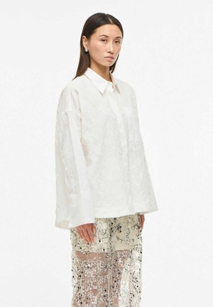 Pika tumeda juustega naine kannab lahtist valget tekstuuriga nööpidega särki ja läbipaistvat seelikut, mis on kaunistatud hõbedaste ja mustade litritega.