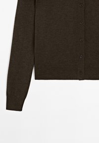 Dark brown cardigan with long sleeves and a row of buttons, displayed against a white background.