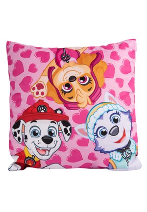 Square pillow with a pink background featuring cartoon dogs, hearts, and vibrant colors. Material appears soft and fabric is printed with detailed designs.