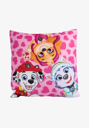 Square pillow with a pink background featuring cartoon dogs, hearts, and vibrant colors. Material appears soft and fabric is printed with detailed designs.