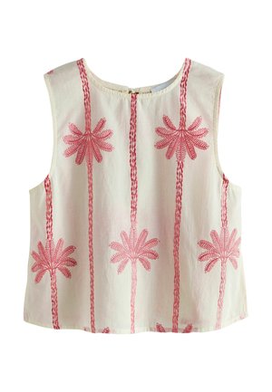 Krémové tielko bez rukávov s okrúhlym výstrihom zdobené vertikálnymi červenými vyšívanými vzormi palmových stromov rovnomerne rozmiestnenými po celej látke.