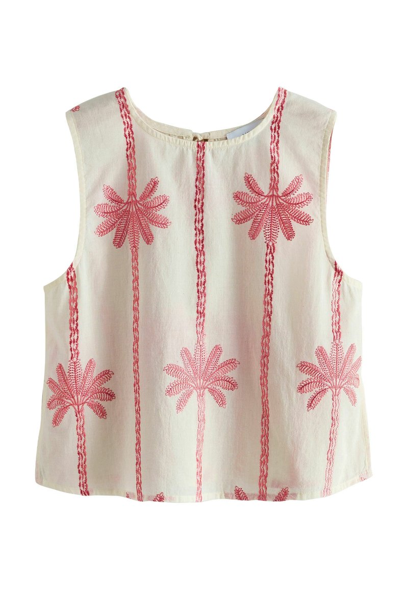 Ärmelloses cremefarbenes Oberteil mit rundem Ausschnitt, verziert mit vertikalen roten, bestickten Palmenmustern, die gleichmäßig über den Stoff verteilt sind.