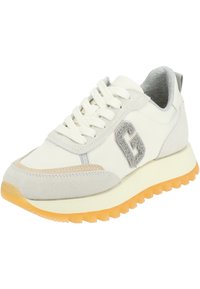 White sneaker with grey accents, suede and smooth materials, padded collar, textured logo, and a rubber sole with a yellow outsole.