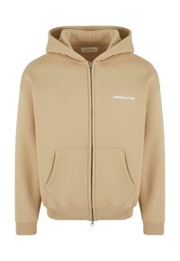 Bežová mikina na zips vyrobená z kombinácie bavlny, s klokaniou vreckom, žebrovanými manžetami a lemom a logom "ANOTHER COTTON" na hrudi.