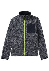 Szara i czarna kurtka na zamek z wysokim kołnierzem, z jaskrawozielonym zamkiem, kontrastową czarną kieszenią na piersi oraz fakturowanym materiałem.