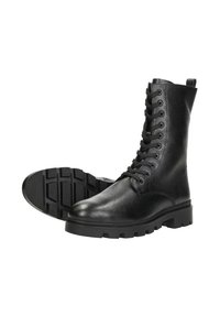 Zwarte leren combatlaarzen met ronde neus, hoge schacht en vetersluiting. Geleverd met een textuur op de bovenkant en een robuuste rubberen zool met een diep grippatroon.