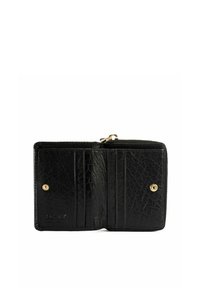 Czarny skórzany portfel otwarty, z sześcioma pionowymi przegródkami na karty oraz zamykaną komorą z złotymi guziczkami snaps po obu stronach.