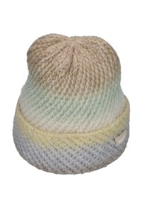 Knitted beanie with a gradient design in soft beige, green, and yellow hues. Features a rolled brim and a small label on the side.