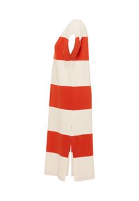 Îmbrăcăminte în dungi, cu dungi orizontale largi de culoare portocalie și crem, realizată dintr-un material texturat, având mâneci tăiate rotund și slituri pe lateral.