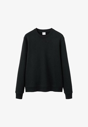 Black sweatshirt made from soft fabric, featuring a crew neck, long sleeves, and a relaxed fit with ribbed cuffs and hem.