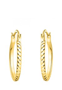 Hängande örhängen i guldton med en snodd design och en polerad yta, med en ledad lås för säker användning.