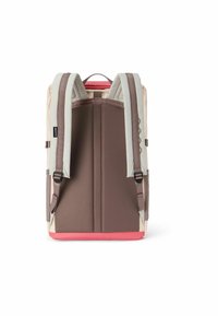Back view of a backpack featuring a light beige body, brown mesh padding, dark brown straps, and a pink bottom accent.