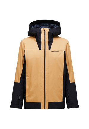 Giacca impermeabile gialla e nera, con zip frontale, cappuccio regolabile e blocchi di colore a contrasto per un design moderno.