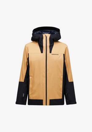 Waterproof jas in geel en zwart, met een ritssluiting aan de voorkant, verstelbare capuchon en contrasterende kleurvlakken voor een modern design.