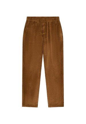 Braune Cordhose mit elastischem Bund und geraden Beinen, flach auf weißem Hintergrund gezeigt.