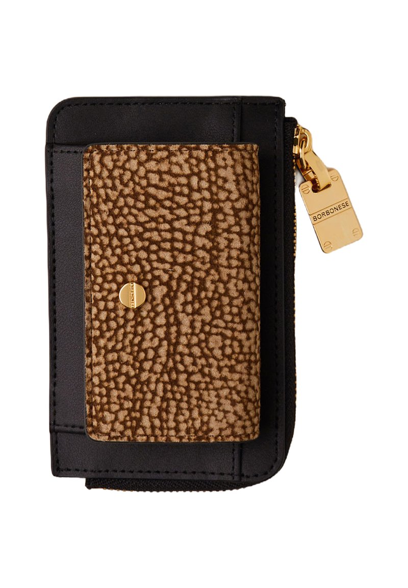 Portafoglio compatto in pelle nera con un'arianna in pelle marrone textured, dotato di un'etichetta in metallo dorato e di una chiusura con zip.