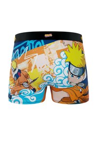 Boxers Naruto avec des couleurs orange, bleu et blanc ; présentent des motifs graphiques de personnages et des motifs tourbillonnants ; taille élastique.