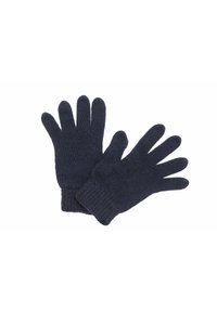 Marinblå stickade handskar med en texturerad yta, utrustade med fem fingrar och ribbade ärmslut för en tight passform.