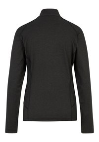 Schwarze Jacke mit langen Ärmeln, hohen Kragen, Seitennähten und glattem, strukturiertem Stoff. Keine sichtbaren Logos oder zusätzlichen Details.