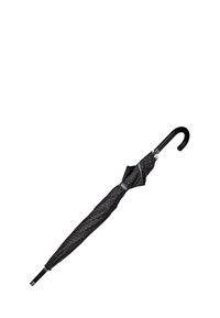 Parapluie noir pliant avec un auvent à motifs, poignée courbée noire et design classique. Il dispose d'une structure compacte et légère pour la portabilité.