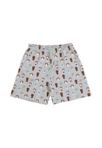 Pantalones cortos de algodón gris claro con cintura elástica, que presentan un patrón repetido de personajes y símbolos en marrón, verde y azul.