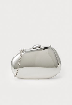 Silver metal clutch with a rounded, smooth shape. Features a clasp closure and a detachable chain strap. Reflective surface with no patterns.