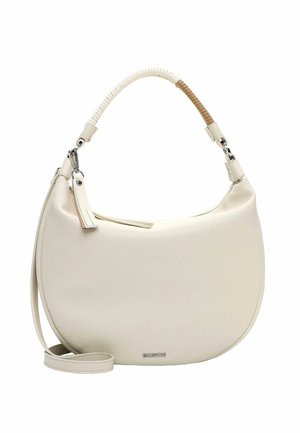 Kreemikasv värvi poolkuukujuline käekott, millel on mähitud sang ja eemaldatav rihm, hõbedase luku ja väikese logoplaadiga.