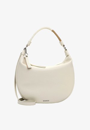 Kreemikasv värvi poolkuukujuline käekott, millel on mähitud sang ja eemaldatav rihm, hõbedase luku ja väikese logoplaadiga.