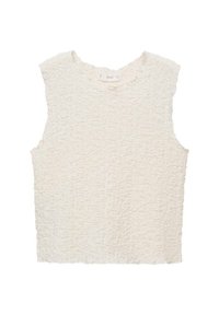 Light beige sleeveless top made of textured fabric with a slightly crumpled surface and a round neckline. No visible patterns or accents.