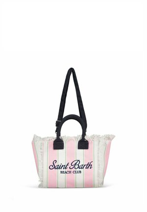Pink and white striped tote bag with fringed edges, navy blue handles, detachable strap, and "Saint Barth Beach Club" embroidered on front.