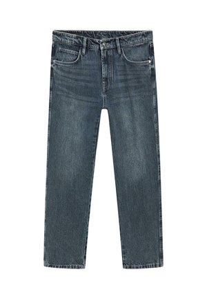 Ciemnoniebieskie dżinsy z denimu o prostym kroju nogawek, pięciokieszeniowym fasonie, subtelnym blaknięciem oraz kontrastowym przeszyciem wzdłuż szwów.