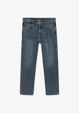 Donkerblauwe spijkerbroek met rechte pijpen, vijfzakkenontwerp, subtiele vervaging en contraststiksels langs de naden.