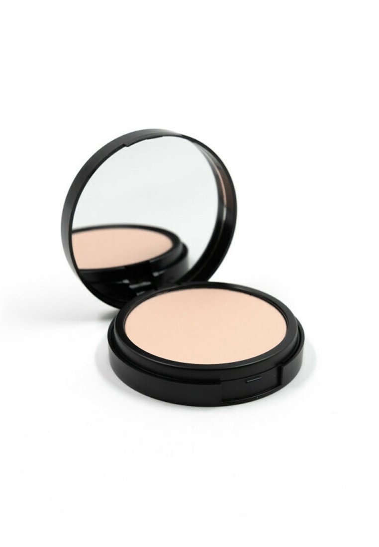 Confezione rotonda di cipria compatta nera lucida con specchio, contenente una cipria beige liscia. La superficie esterna è lucida e non presenta motivi visibili.