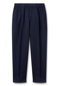 Navy blue, lightweight trousers with an elastic waistband, two side pockets, and rolled hems. Made of breathable fabric with a smooth texture.
