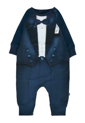 Bodysuit pour bébé en bleu marine avec un design de smoking imprimé, comprenant un nœud papillon, une veste, des boutons et un mouchoir de poche.