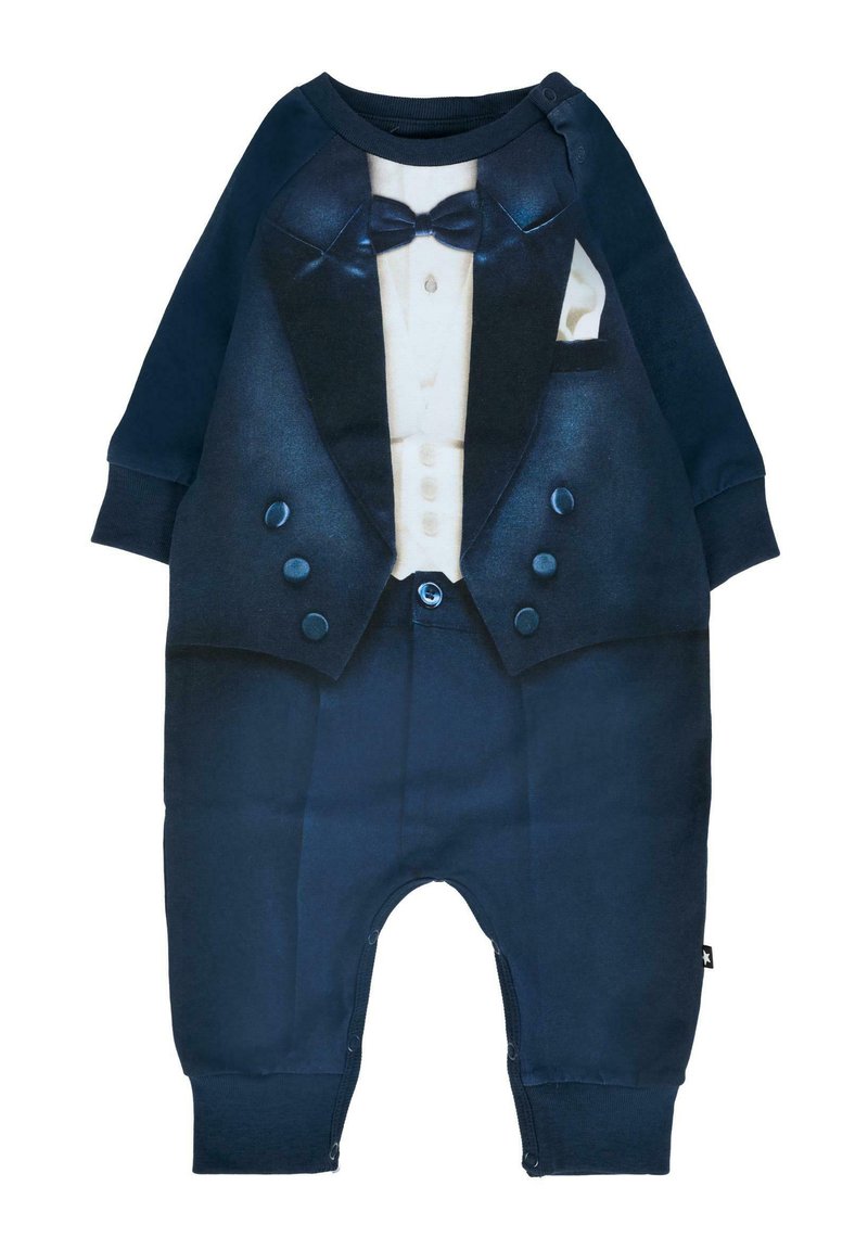 Body neonato blu navy con design stampato di smoking, completo di papillon, giacca, bottoni e fazzoletto da taschino.