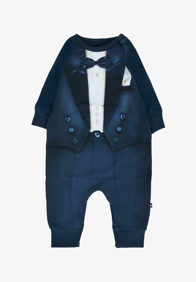 Bodysuit pour bébé en bleu marine avec un design de smoking imprimé, comprenant un nœud papillon, une veste, des boutons et un mouchoir de poche.