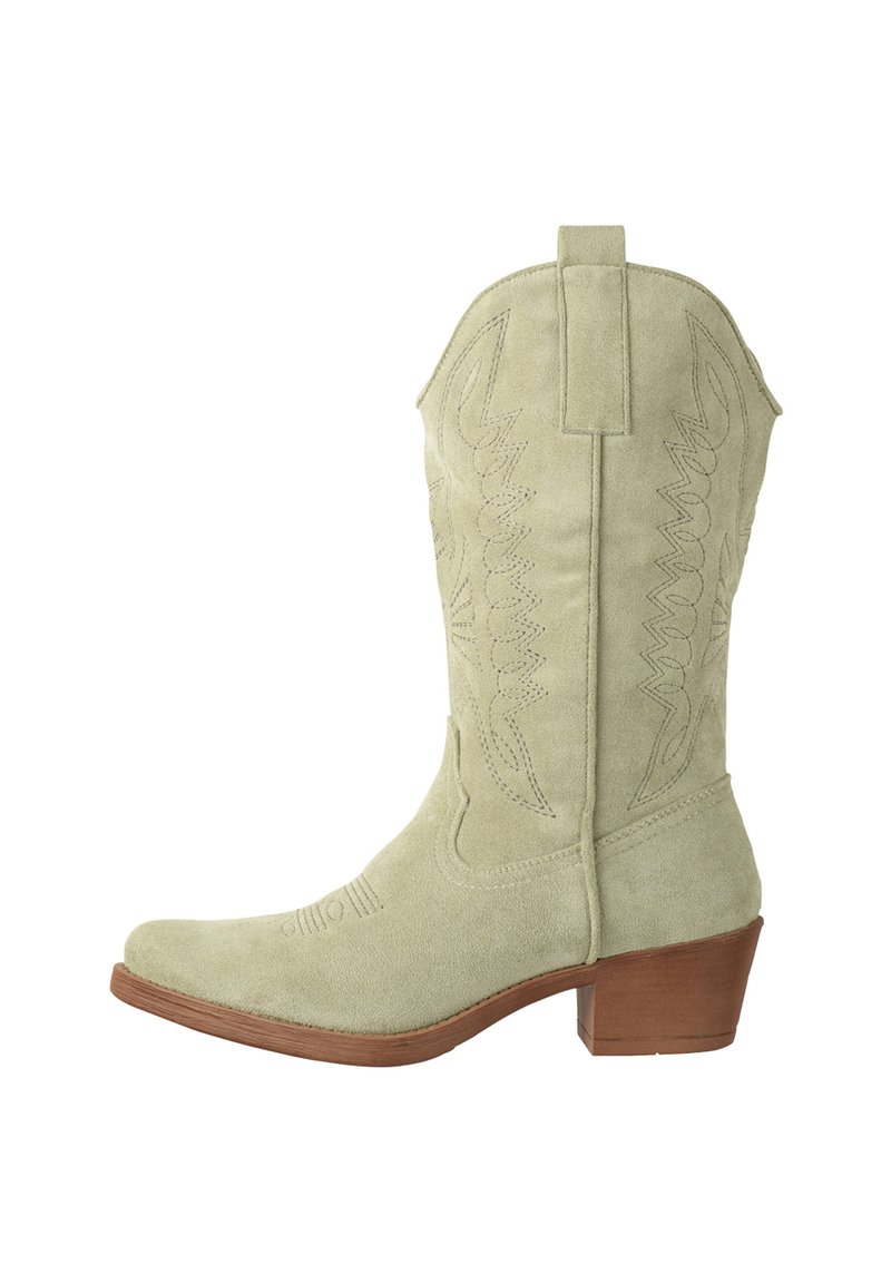 Suede kowbojskie buty w jasnym zielonym kolorze z haftowanymi detalami, ze spiczastym noskiem, nałożonym drewnianym obcasem i pętlami do łatwego zakładania.
