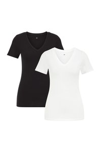 To korte ærmelige V-hals T-shirts, en sort og en hvid, lavet af glat stof. Begge har bløde, rundede halsudskæringer og tætsiddende former.