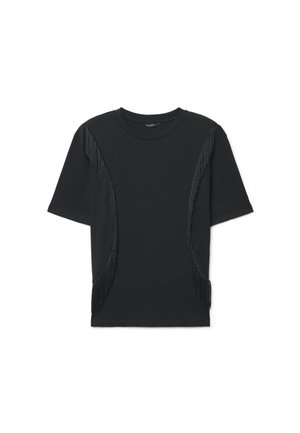 Black short-sleeve shirt with round neckline and decorative fringe running vertically along the front sides.