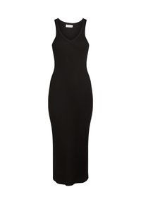 Abito lungo maxi nero con silhouette aderente, realizzato in un tessuto morbido. Caratterizzato da un collo a V e design senza maniche.