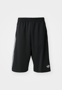 Sorte atletiske shorts lavet af blødt stof, med elastisk waistband, sidelommer og hvid tre-stribe detaljering langs siderne.